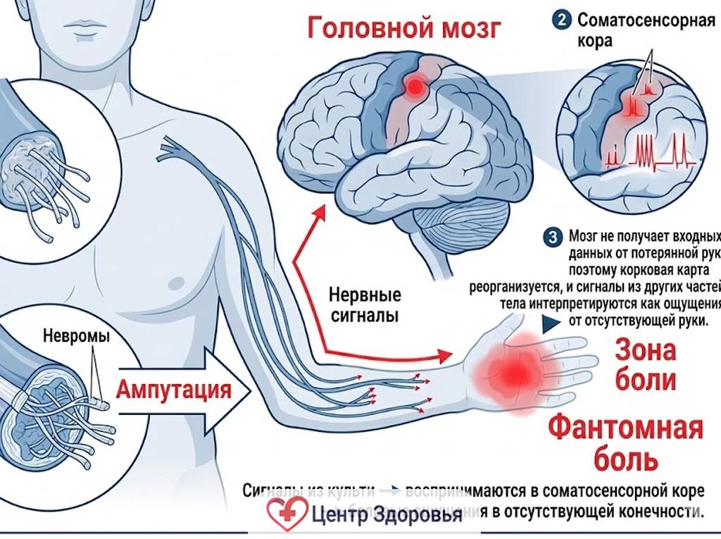 Схема возникновения фантомных болей после ампутации